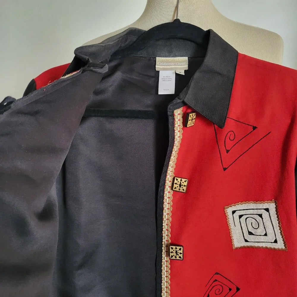 COLDWATER CREEK Red & Black Cotton Casual Jacket W/Appliqué Stitching (Size: S) - Picture 8 of 15